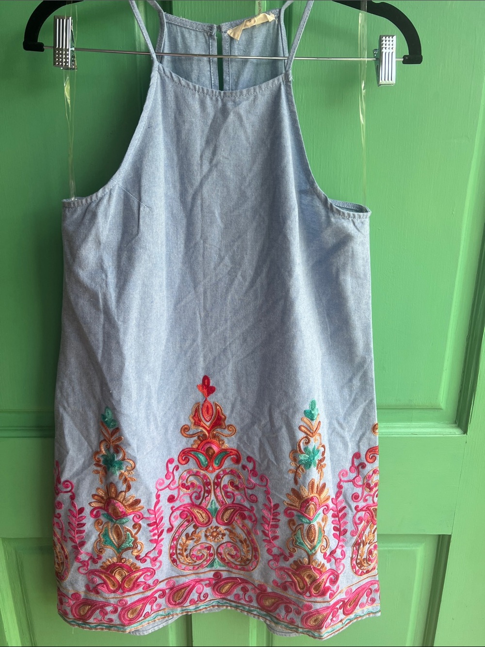entro Light Blue Mini Dress with Multicolor Embroidered Hem
